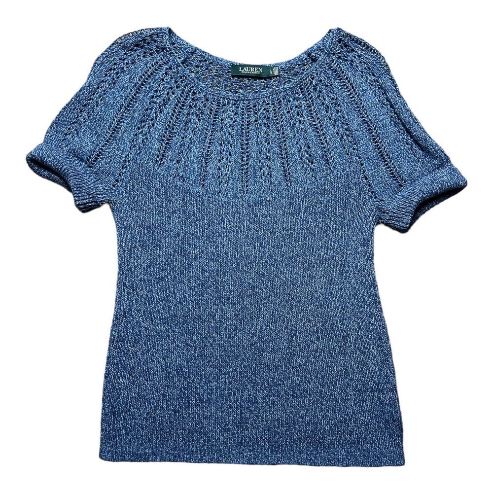 Lauren Ralph Lauren Sweater Womens Large Blue Pullover Crochet Linen Blend